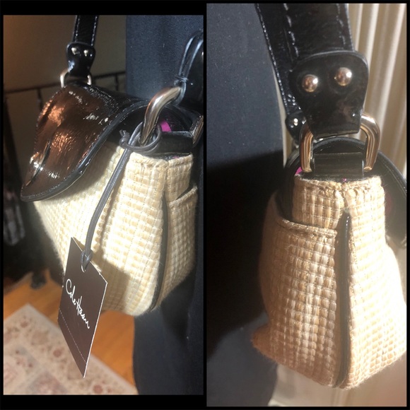 NWT-COLE HAAN STRAW/BLACK PATENT CROSS-BODY BAG - Picture 4 of 16